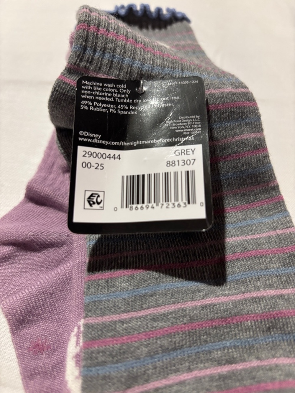 Disney Grey Crew Socks with Pink and Light Blue Stripes